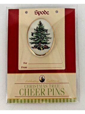 Spode Christmas Tree Porcelain Brooch Pin Oval Gold Trim Holiday Cheer